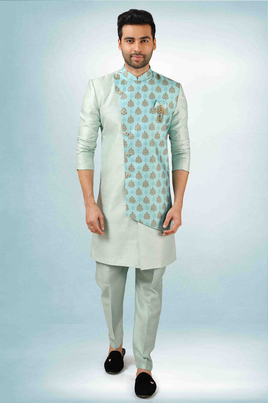 Men's Pista Green Art Silk Printed Work Indo Western Set