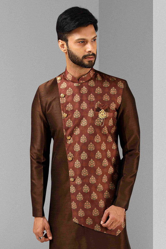 Men's Brown Art Silk Printed Work Indo Western Set