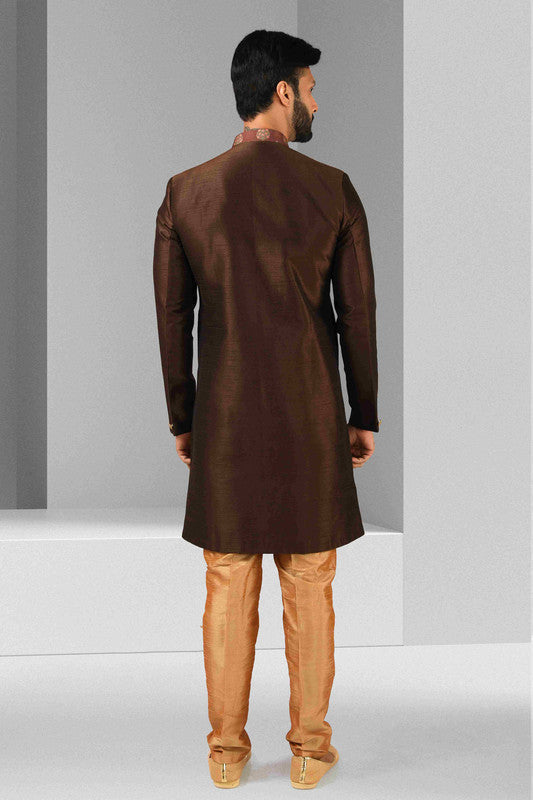 Men's Brown Art Silk Printed Work Indo Western Set