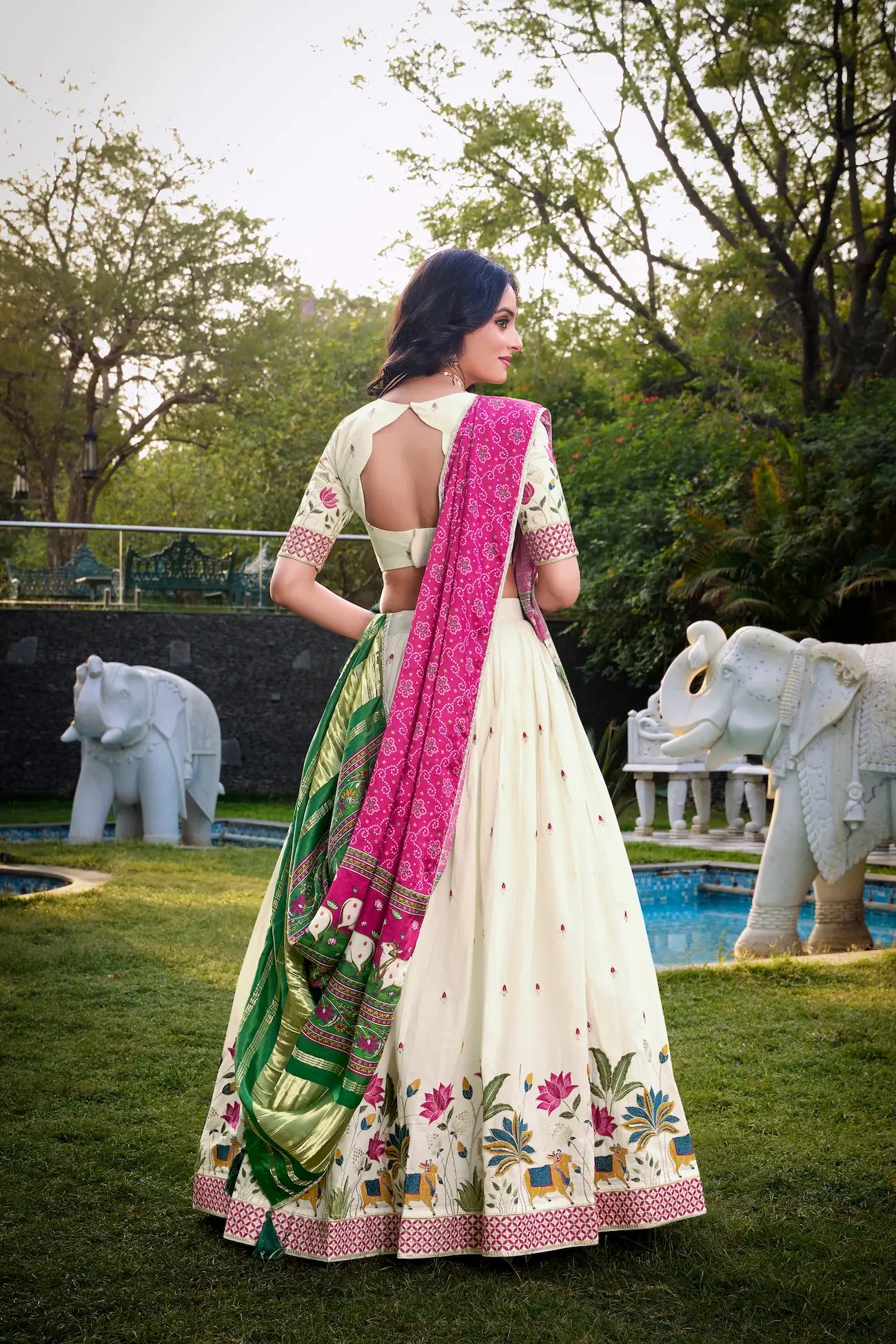 Off White Khadi Cotton Lehenga Choli With Hot Pink Gaji Silk Dupatta - qivii