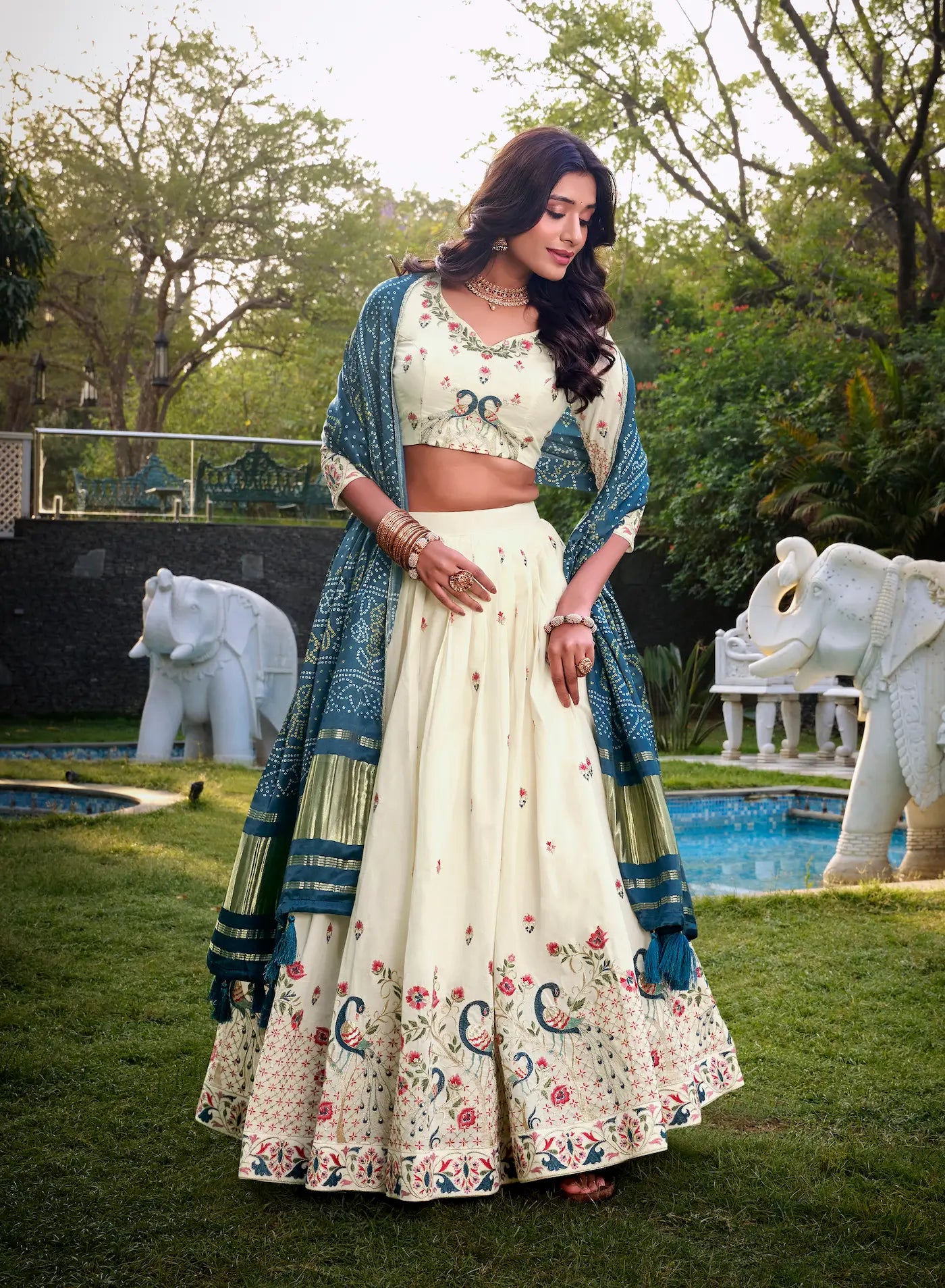 Off White Khadi Cotton Lehenga Choli With Navy Blue Gaji Silk Dupatta - qivii