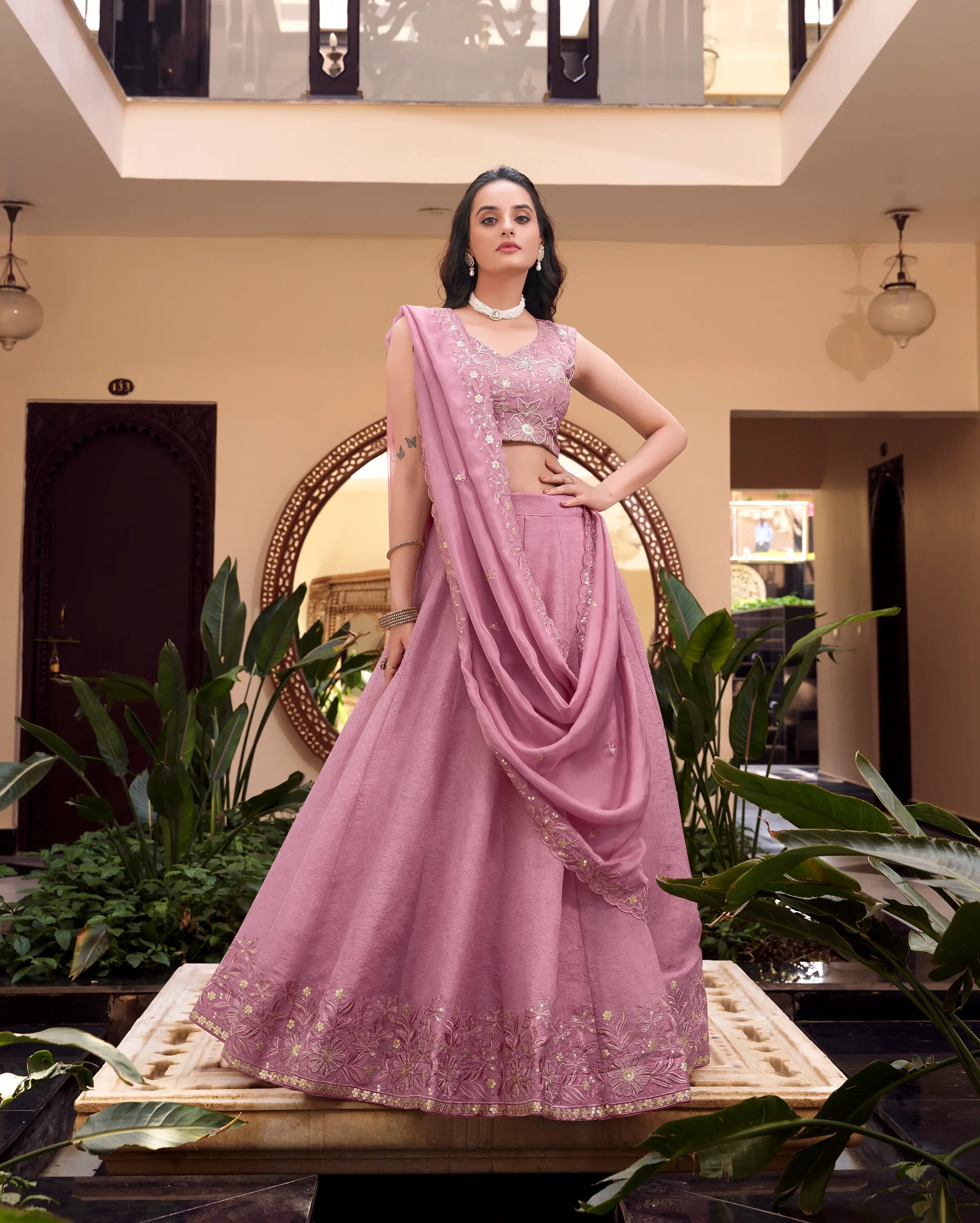 Pink Crush Silk Pearl Coding, Sequins & Thread Embroidery Work Lehenga Choli - qivii