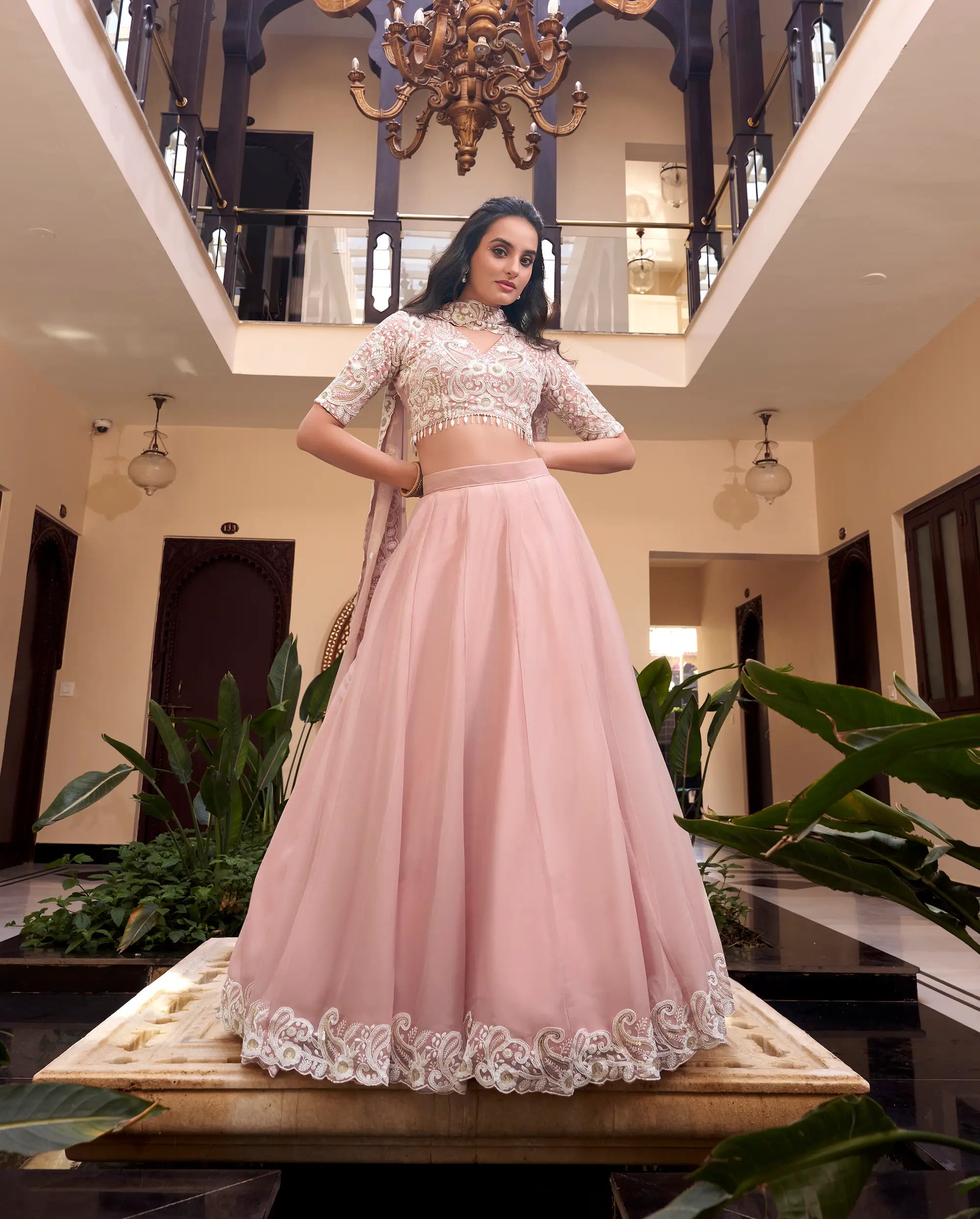 Pastel Pink Weone Silk Pearl Coding, Sequins & Thread Embroidery Work Lehenga Choli