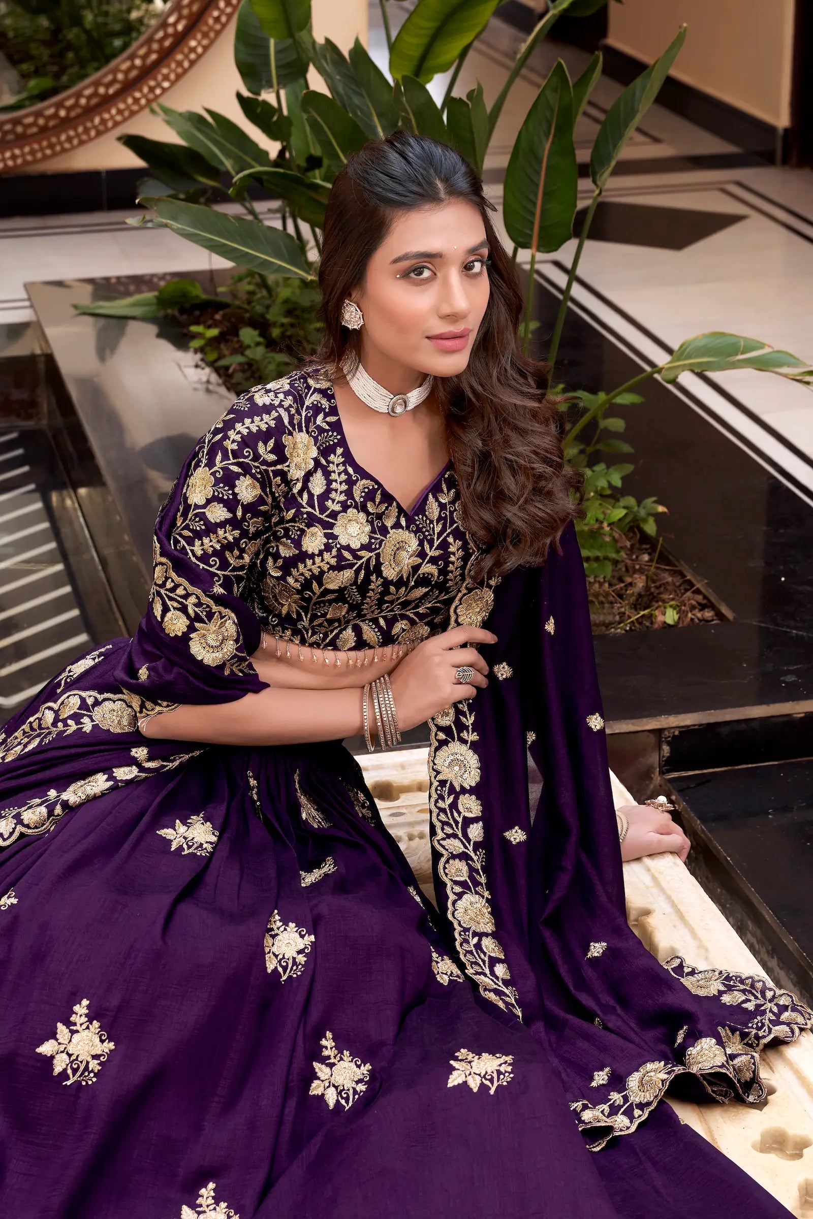 Purple Vichitra Silk Pearl Coding, Sequins & Thread Embroidery Work Lehenga Choli - qivii