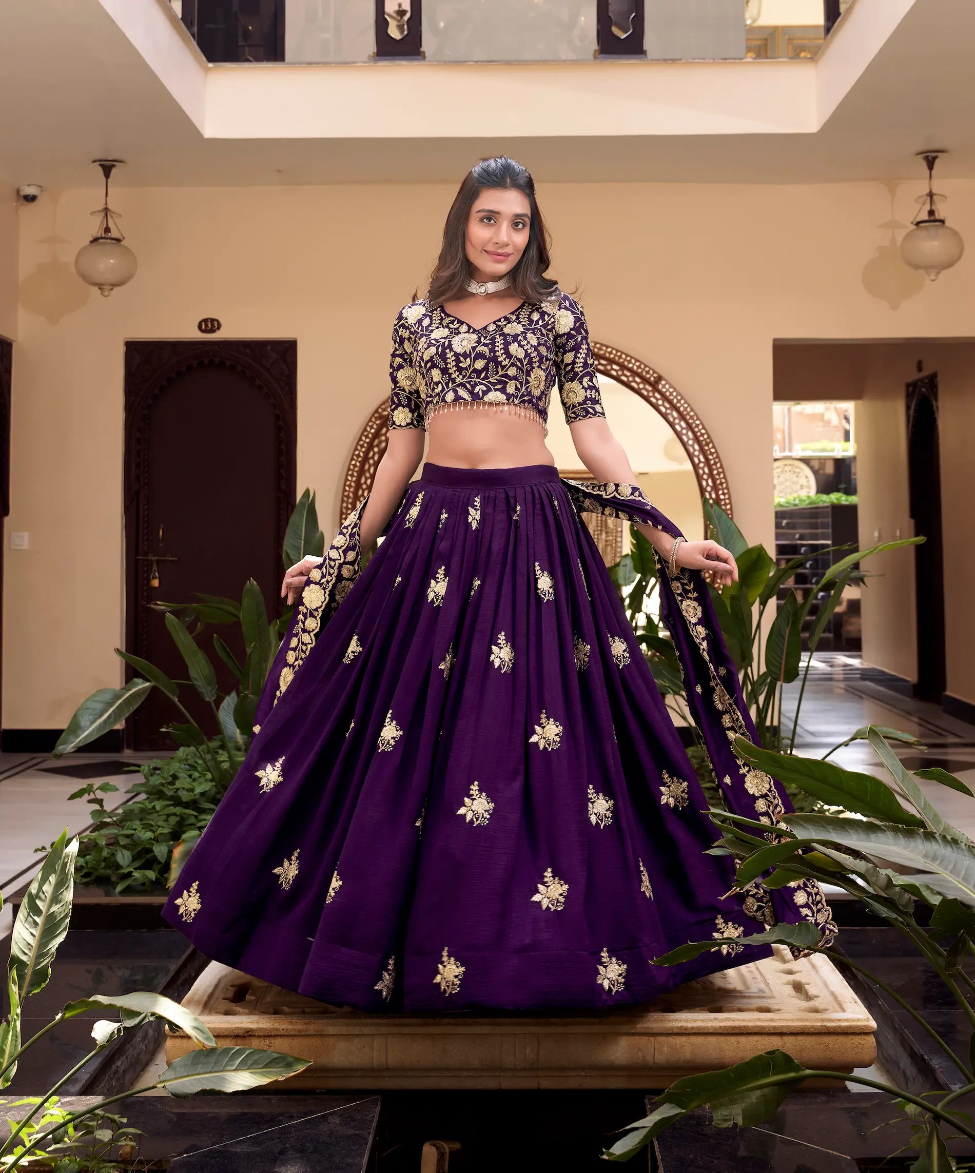 Purple Vichitra Silk Pearl Coding, Sequins & Thread Embroidery Work Lehenga Choli - qivii