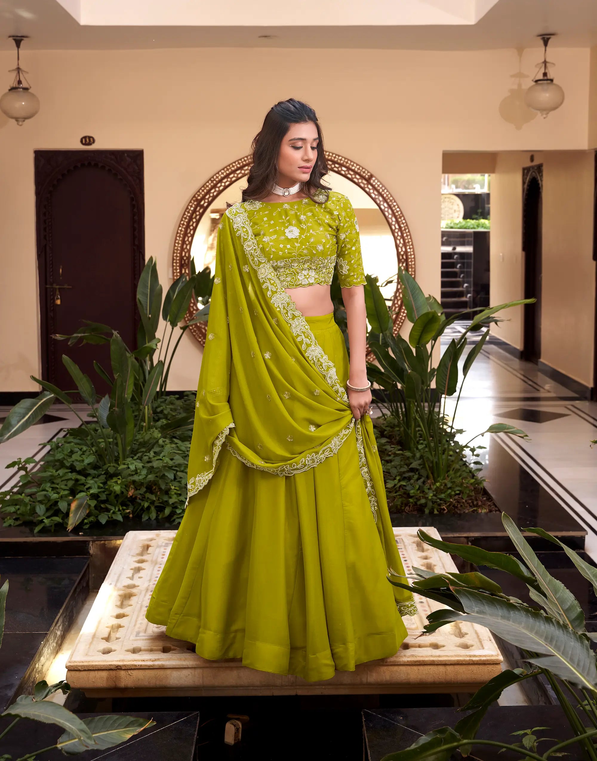 Parrot Green Georgette Pearl Coding, Sequins & Thread Embroidery Work Lehenga Choli - qivii