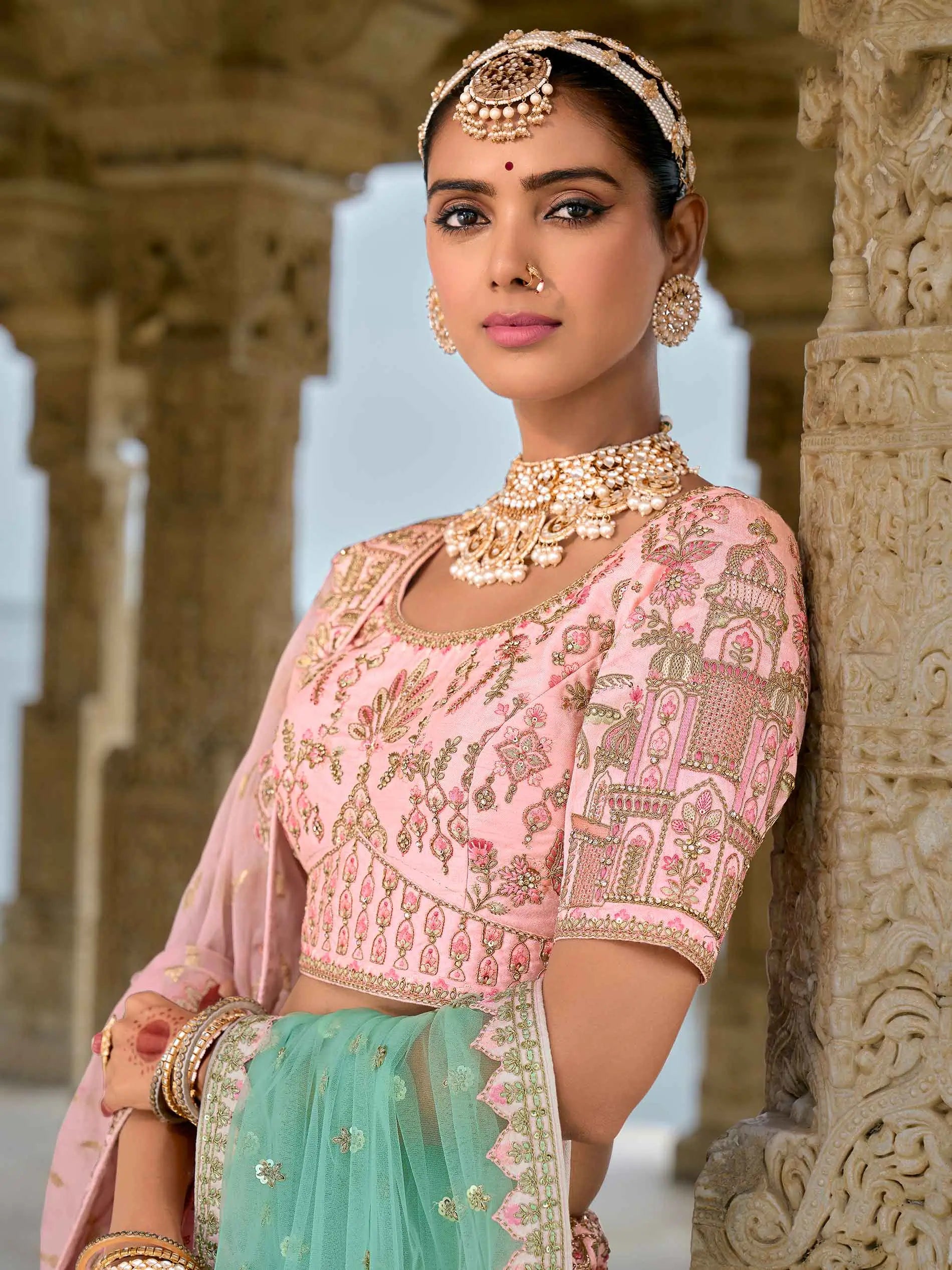 Tea Rose Designer Bridal Lehenga With Heavy Embroidery & 2 Dupatta