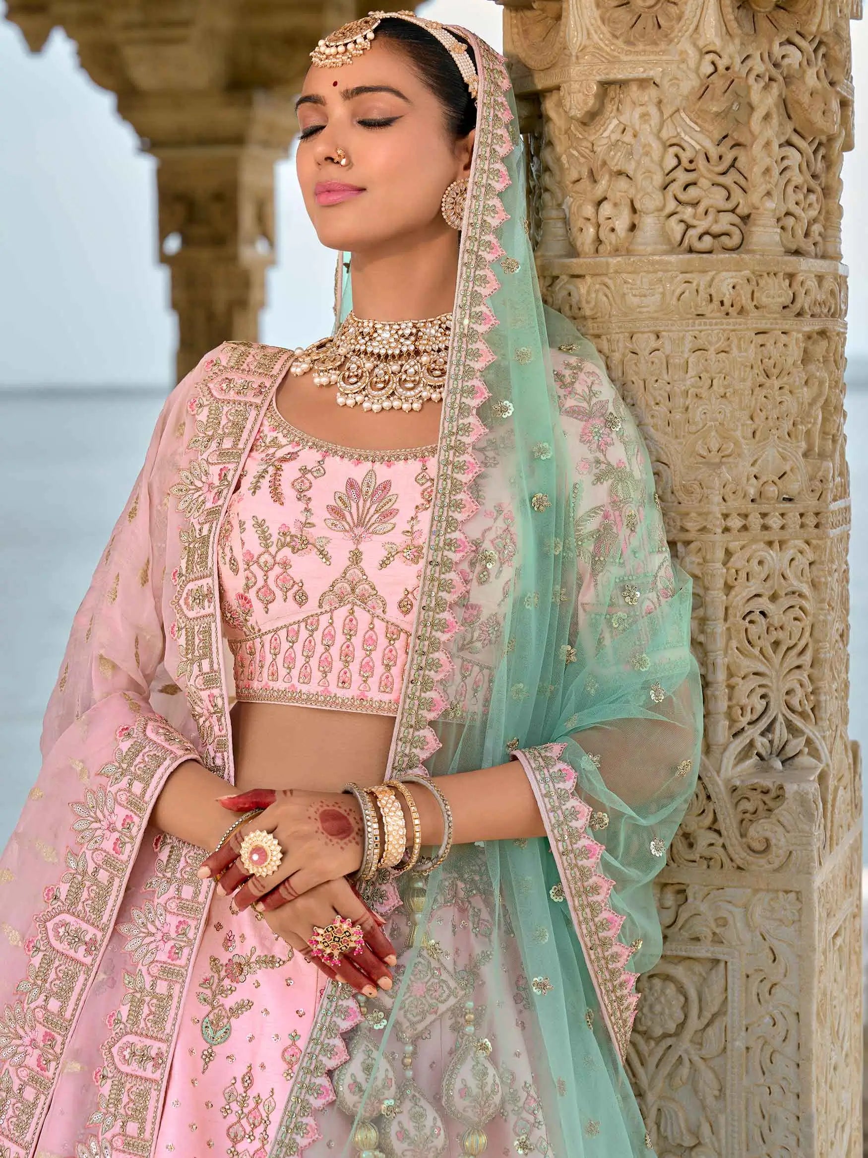 Tea Rose Designer Bridal Lehenga With Heavy Embroidery & 2 Dupatta - qivii
