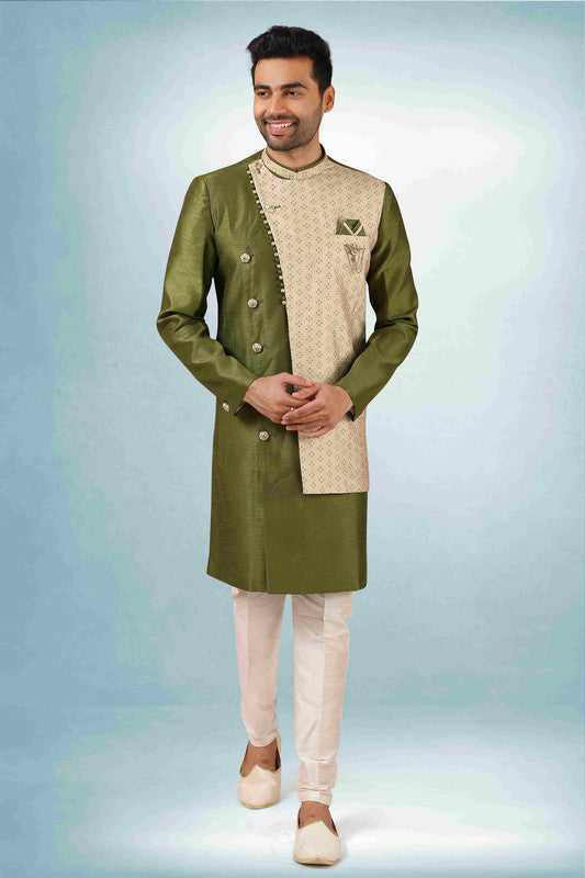 Men's Green Art Silk Printed Work Indo Western Set