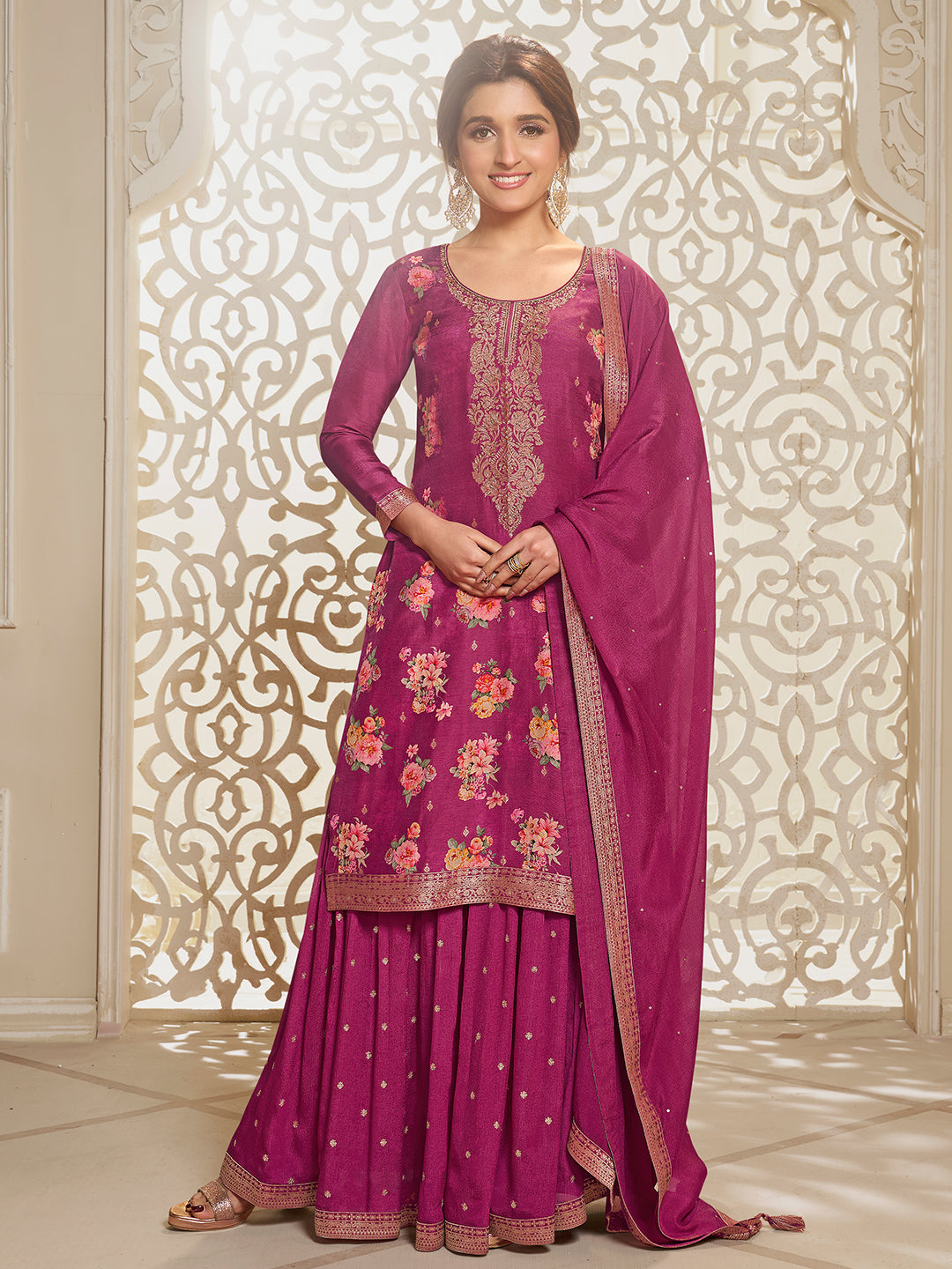 Hot Pink Printed Sharara Suit With Floral Digital Dola Jacquard - qivii