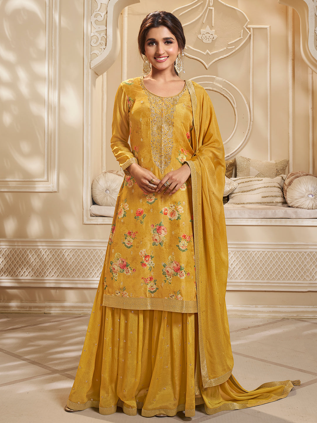 Yellow Dola Jacquard Digital Floral Printed Sharara Suit Set - qivii