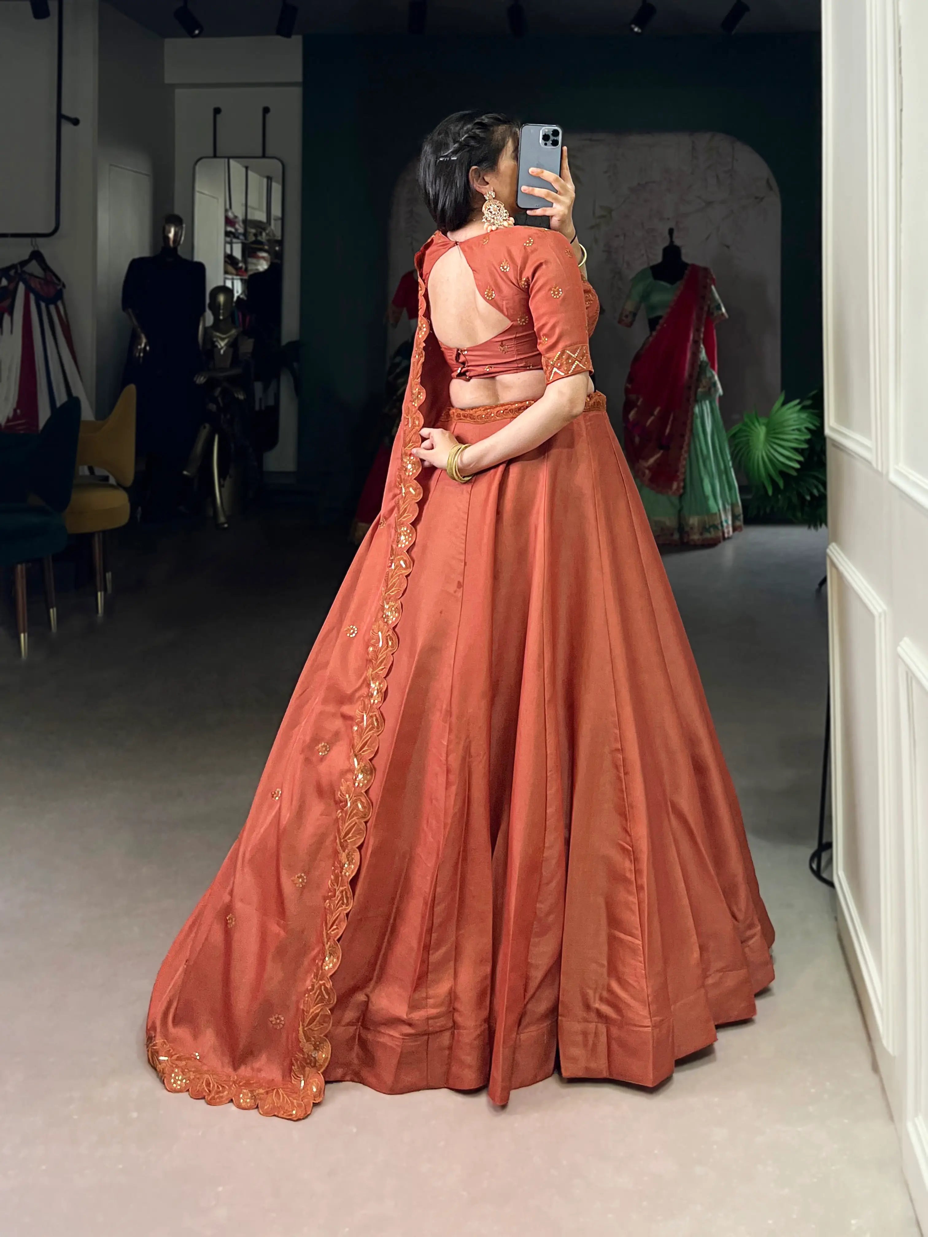 Rust Orange Tussar Silk Thread & Sequins Embroidery Work Lehenga Choli - qivii
