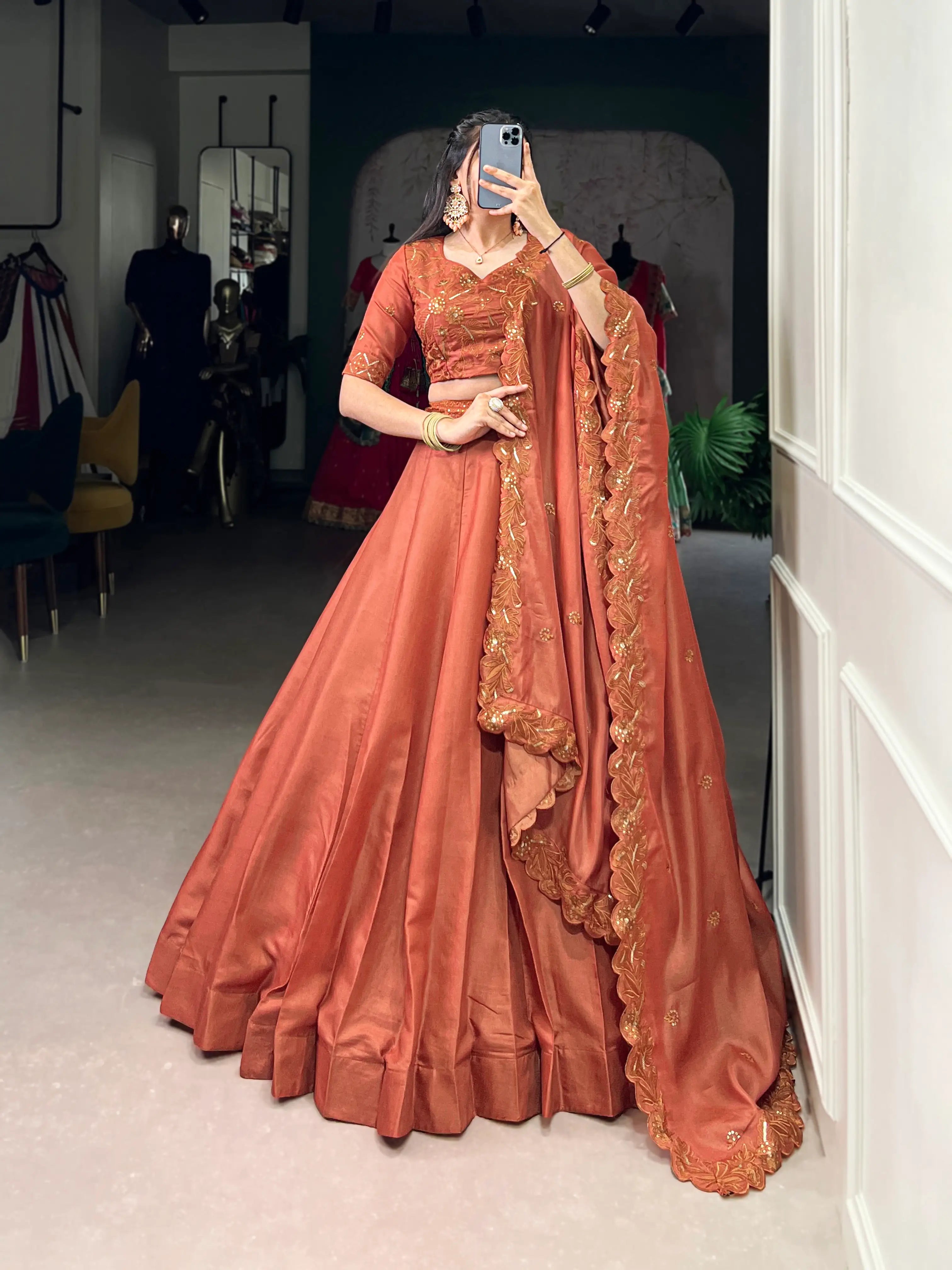 Rust Orange Tussar Silk Thread & Sequins Embroidery Work Lehenga Choli - qivii