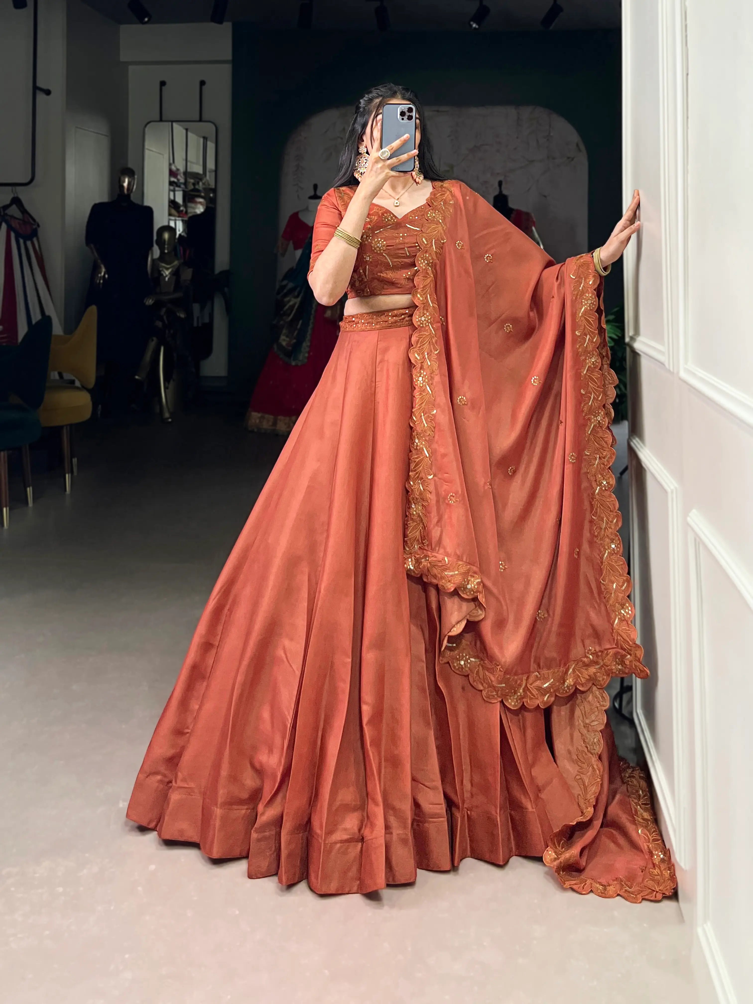Rust Orange Tussar Silk Thread & Sequins Embroidery Work Lehenga Choli - qivii