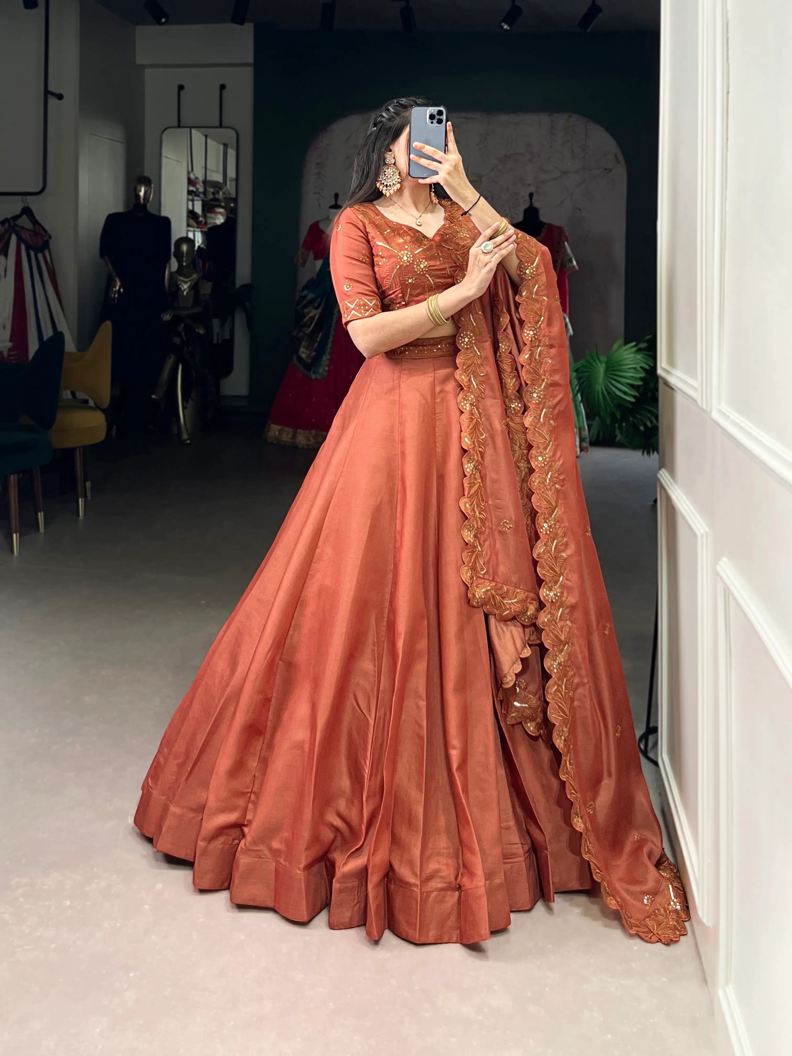 Rust Orange Tussar Silk Thread & Sequins Embroidery Work Lehenga Choli - qivii