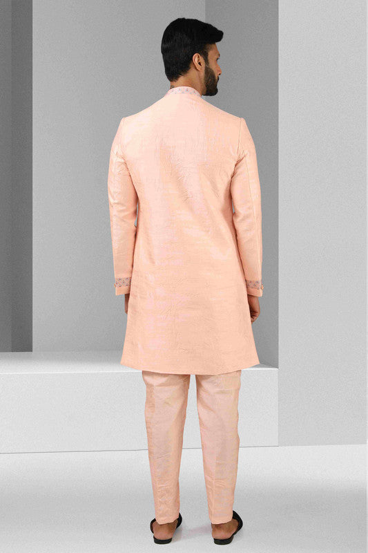 Men's Pink Art Silk Printed Work Indo Western Set
