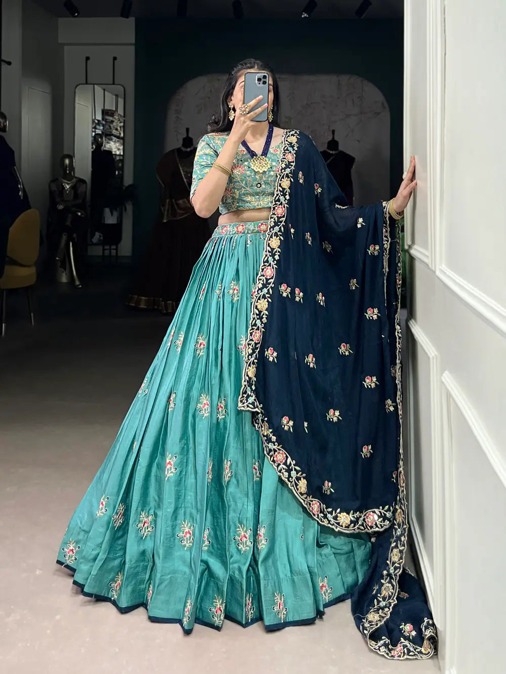 Sea Blue Slab Silk Embroidery Work Lehenga Choli - qivii
