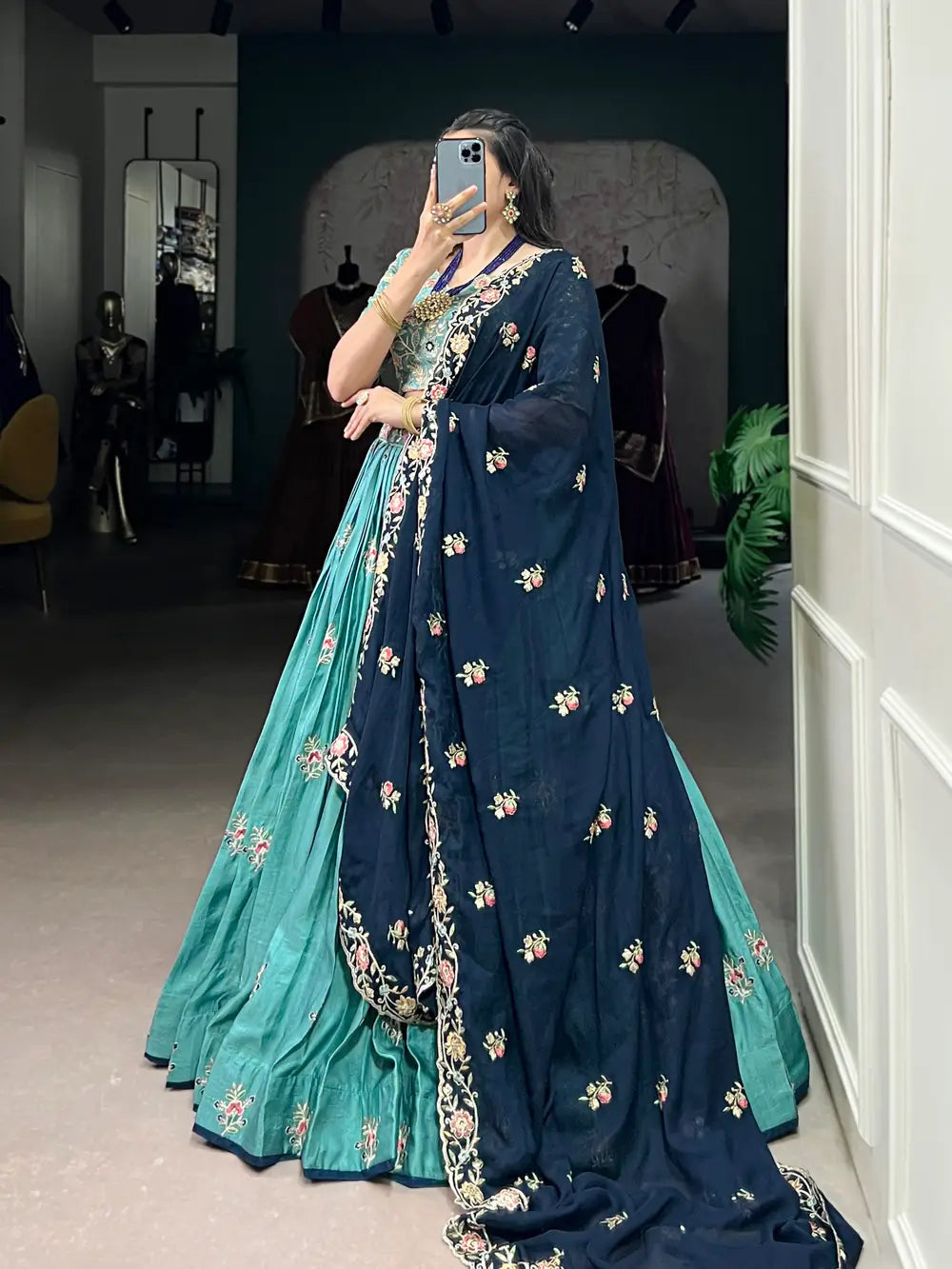 Sea Blue Slab Silk Embroidery Work Lehenga Choli - qivii