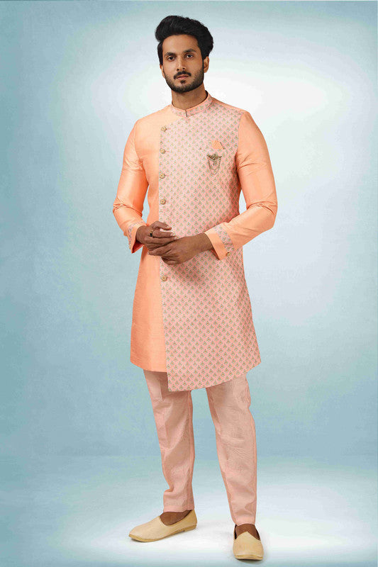 Men's Peach Pink Art Silk Printed Work Indo Western Set