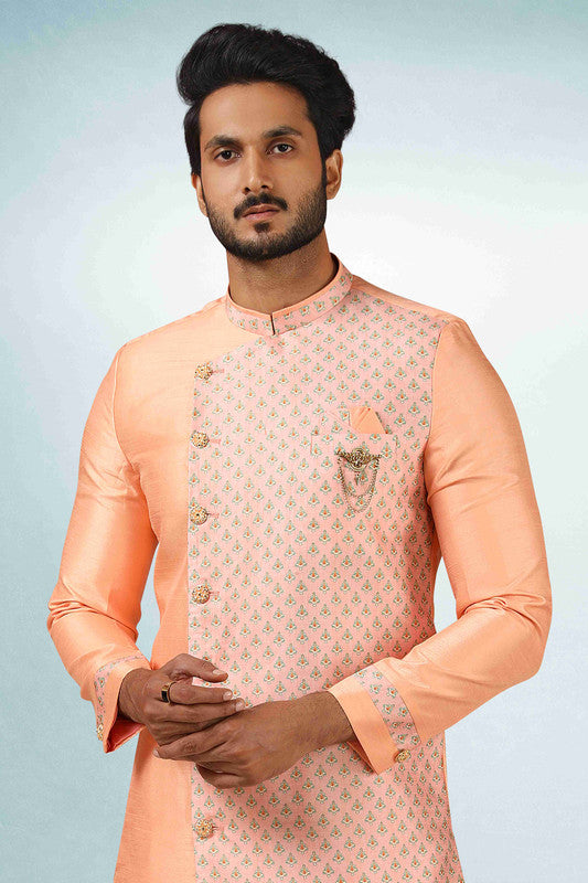 Men's Peach Pink Art Silk Printed Work Indo Western Set