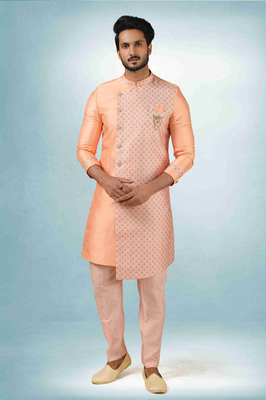 Men's Peach Pink Art Silk Printed Work Indo Western Set