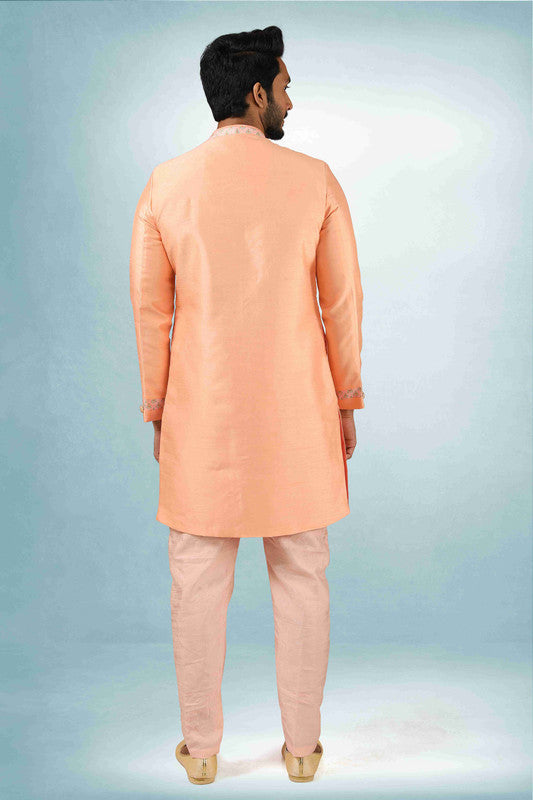 Men's Peach Pink Art Silk Printed Work Indo Western Set