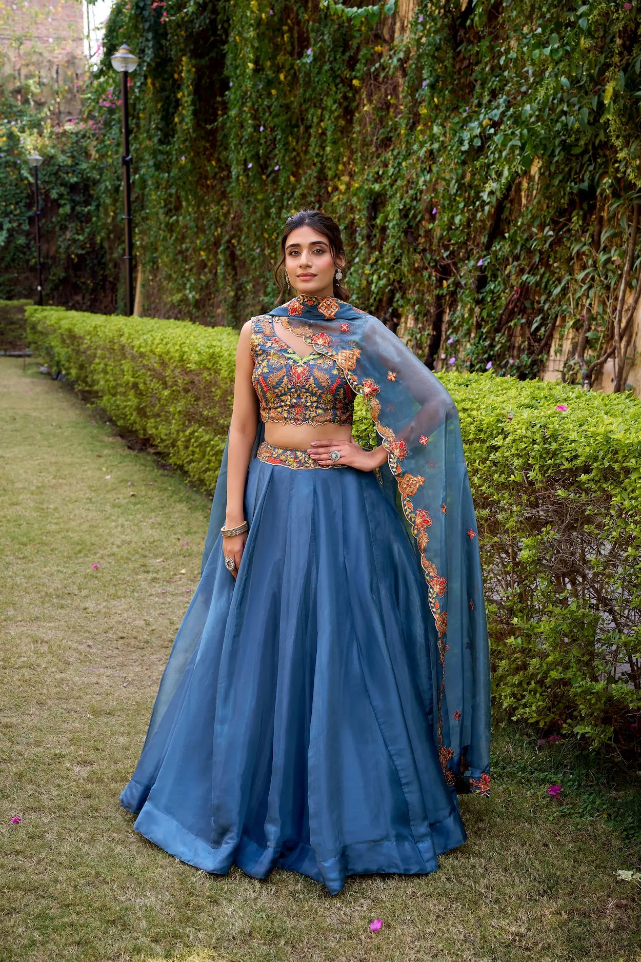 Teal Blue Chanda Silk Embroidery Lehenga Choli