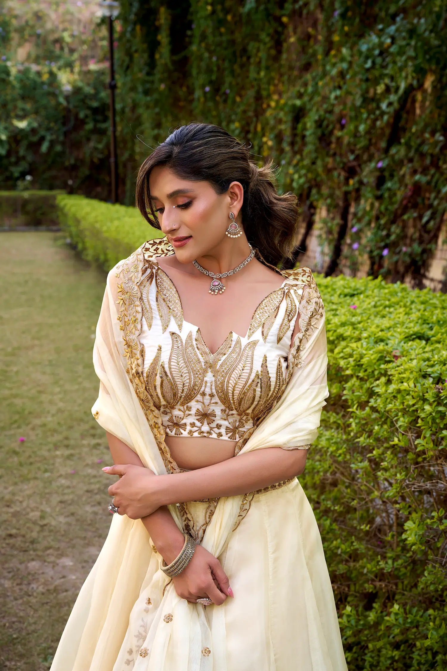 Ivory White Chanda Silk Embroidery Lehenga Choli