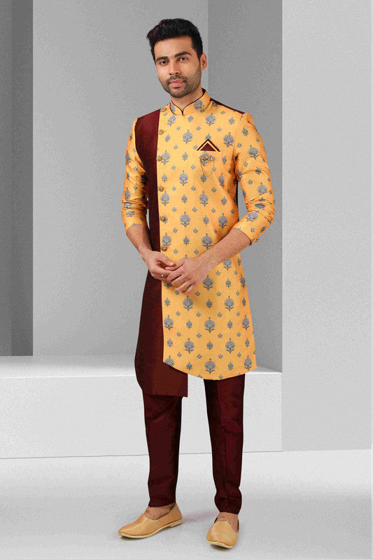 Men's Maroon Yellow Art Silk Printed Work Indo Western Set