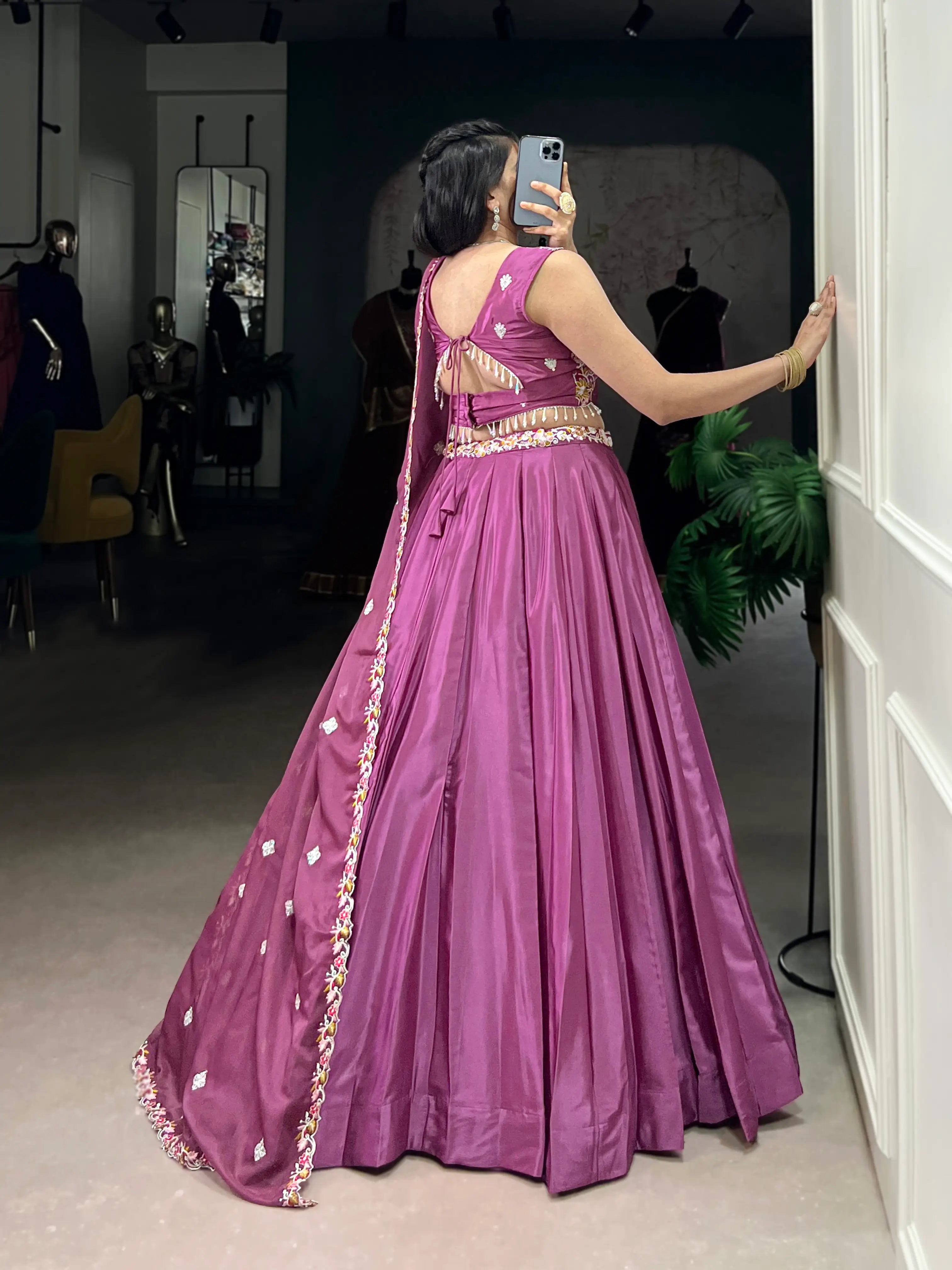 Magenta Pink Crepe Silk Embroidery Work Lehenga Choli - qivii