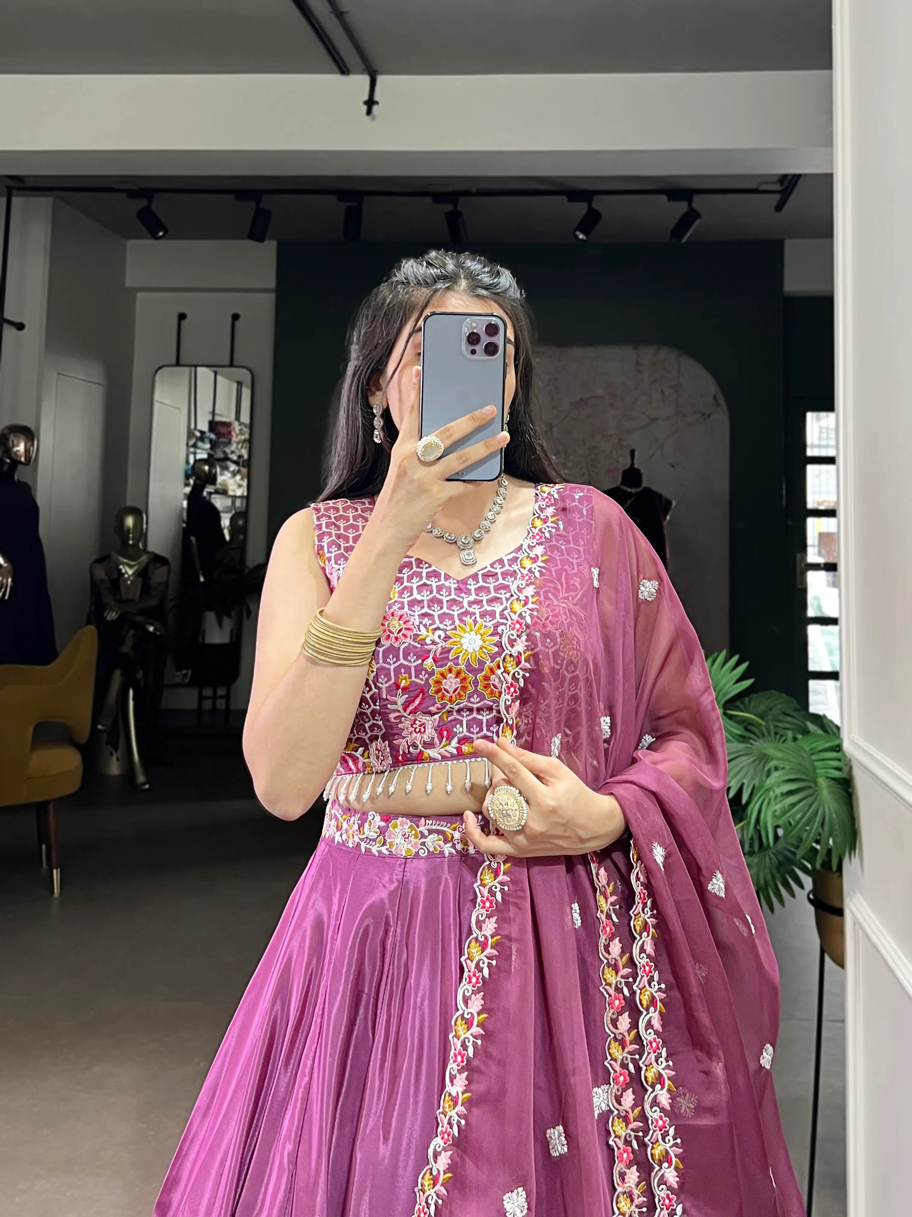 Magenta Pink Crepe Silk Embroidery Work Lehenga Choli - qivii
