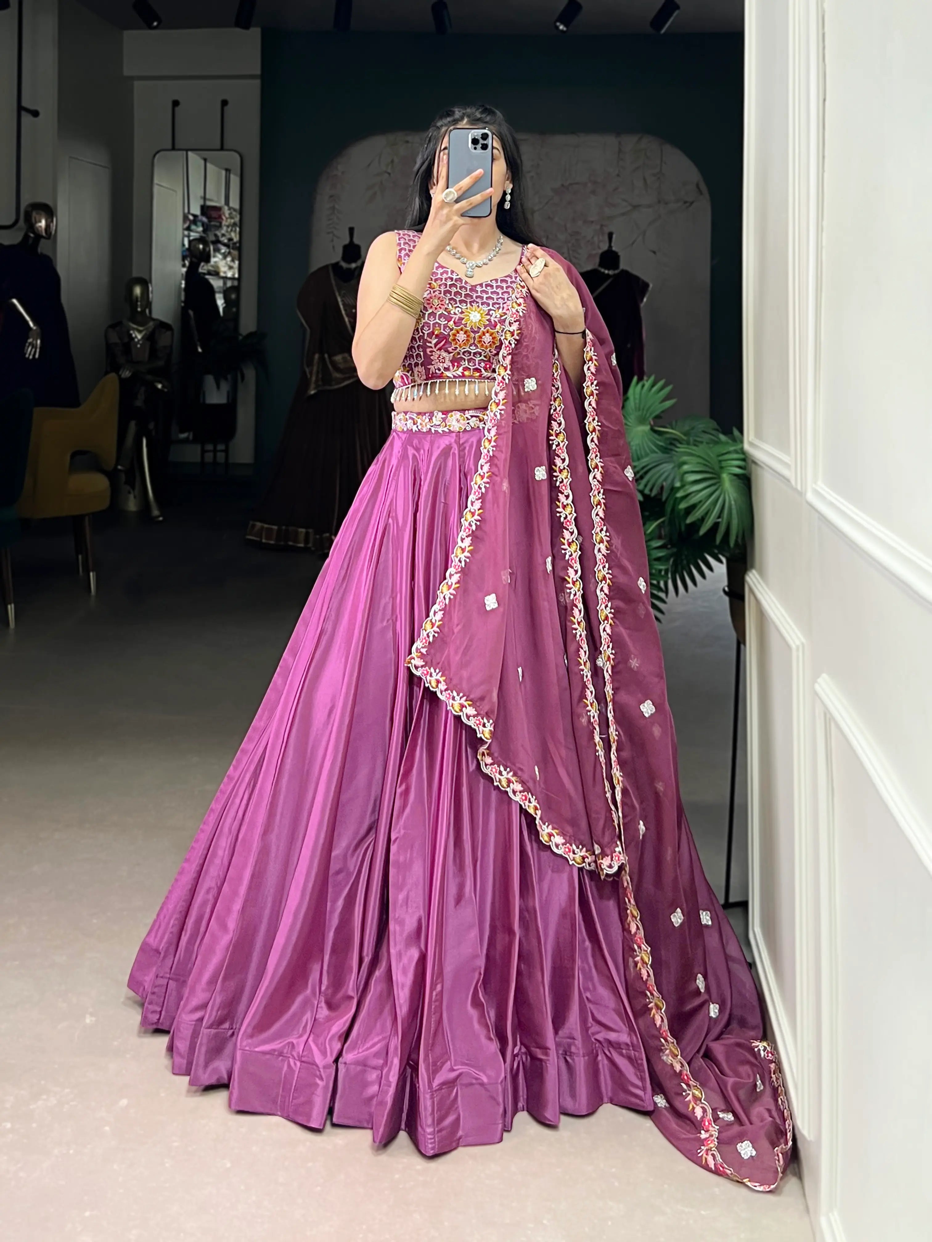 Magenta Pink Crepe Silk Embroidery Work Lehenga Choli - qivii
