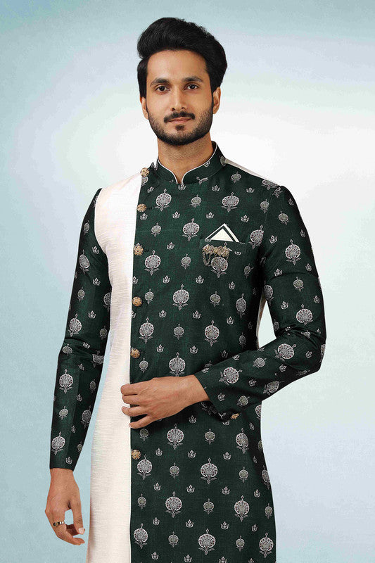 Men's Cream Green Art Silk Printed Work Indo Western Set