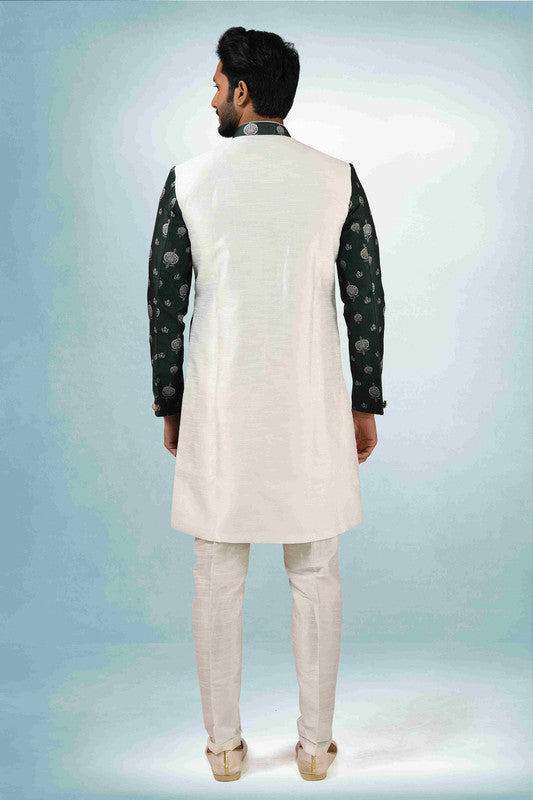 Men's Cream Green Art Silk Printed Work Indo Western Set