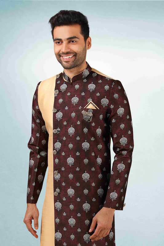 Men's Beige Brown Art Silk Printed Work Indo Western Set