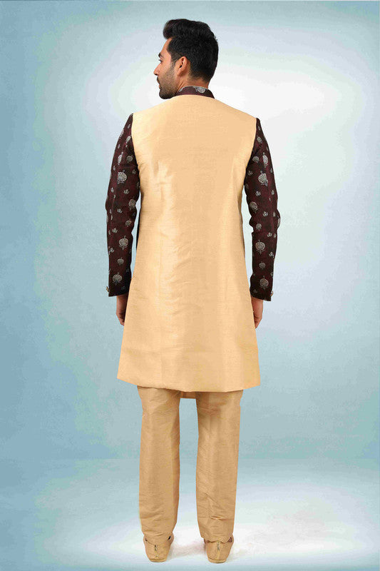 Men's Beige Brown Art Silk Printed Work Indo Western Set