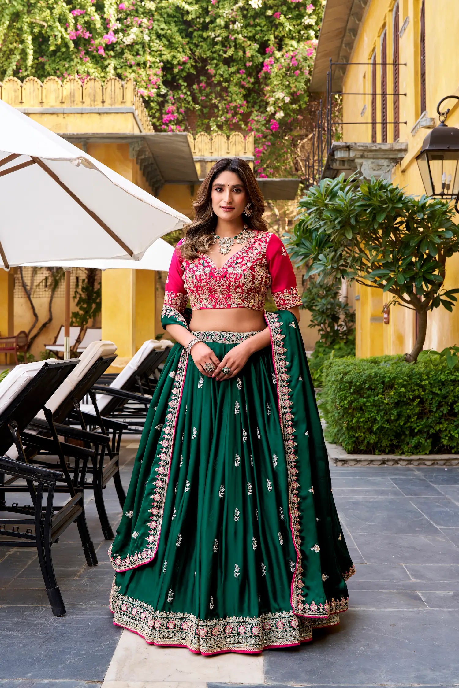 Timber Green Satin Silk Embroidered Lehenga choli