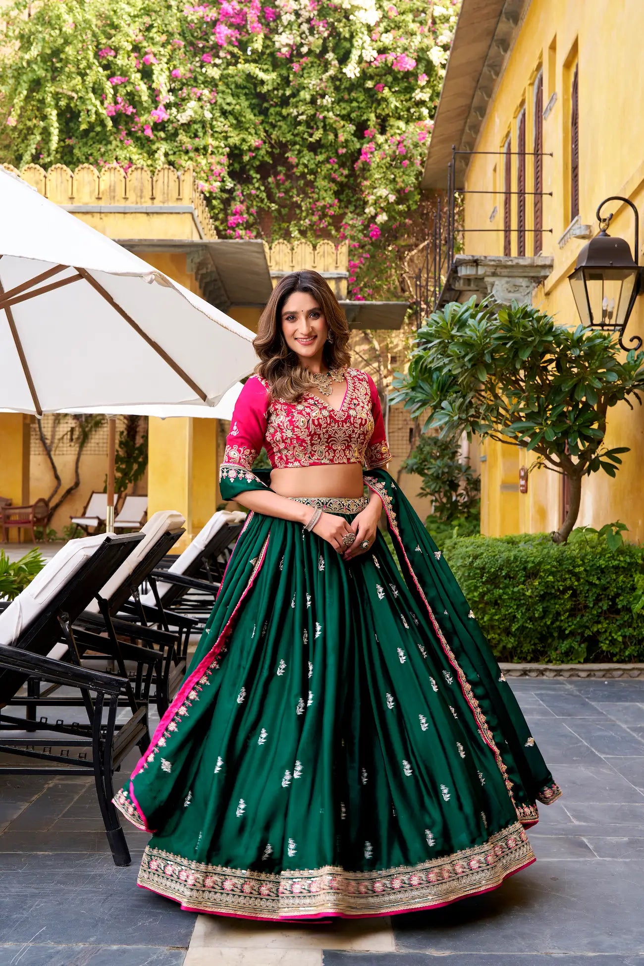 Timber Green Satin Silk Embroidered Lehenga choli