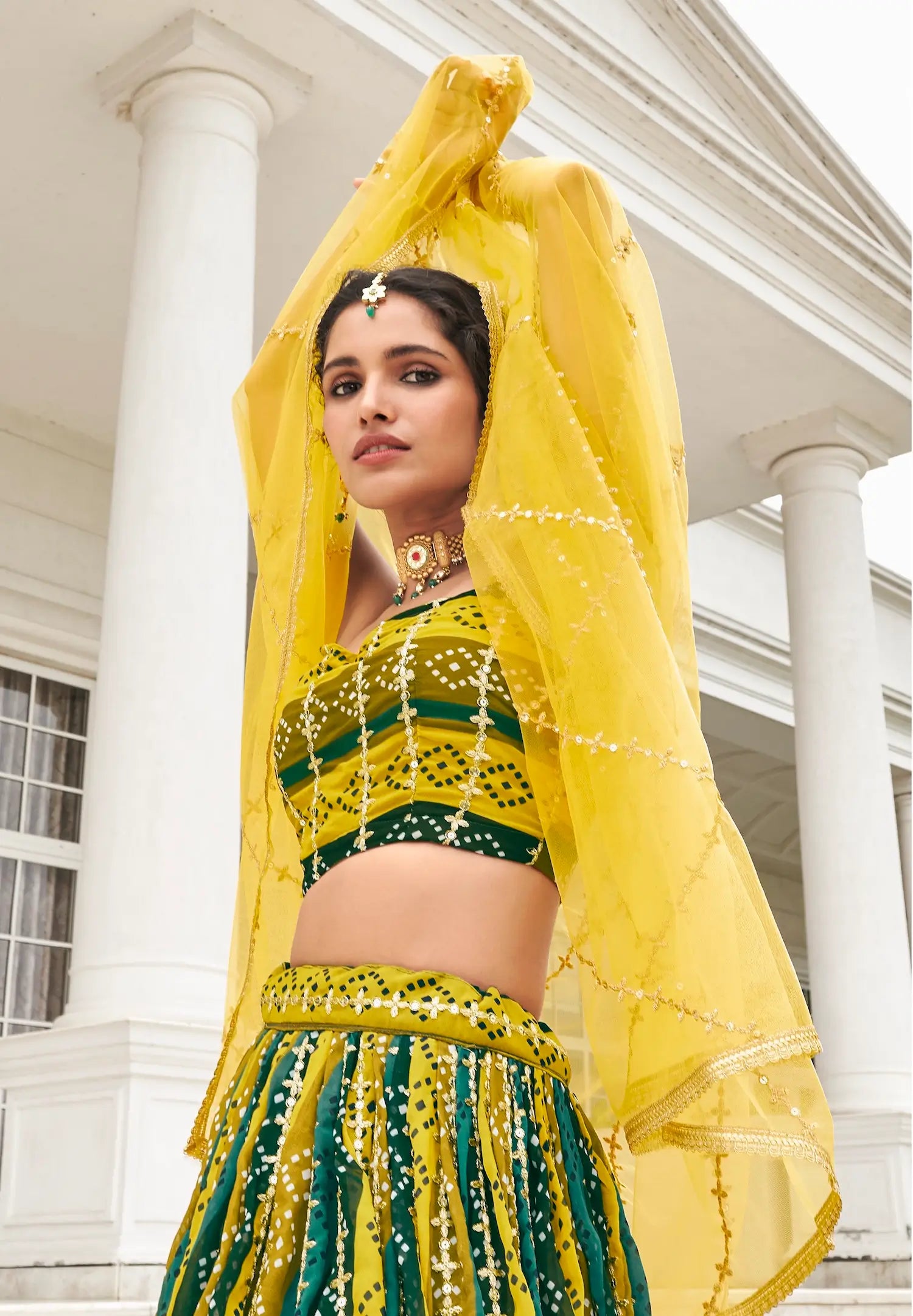 Yellow-Multicolor Georgette Lehenga Choli With Digital Print & Embroidery Work | Ready To Wear - qivii