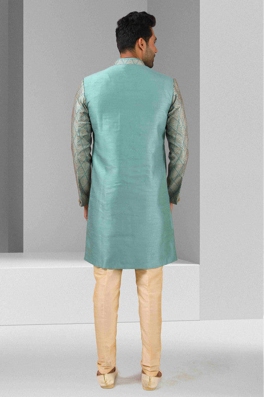 Men's Rama Green Art Silk Printed Work Indo Western Set