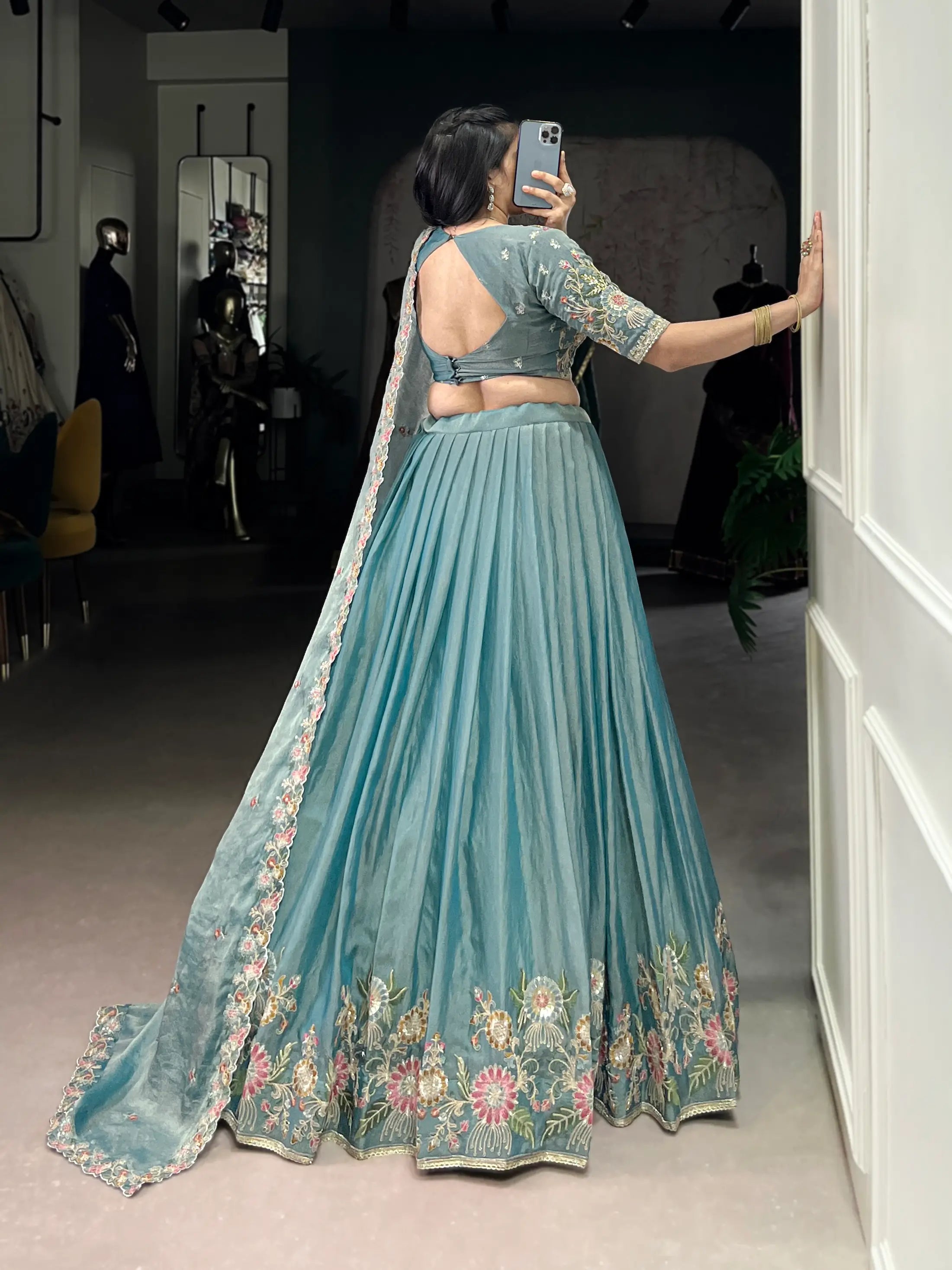 Sea Blue Zari Shimmer Embroidery Work Lehenga Choli - qivii