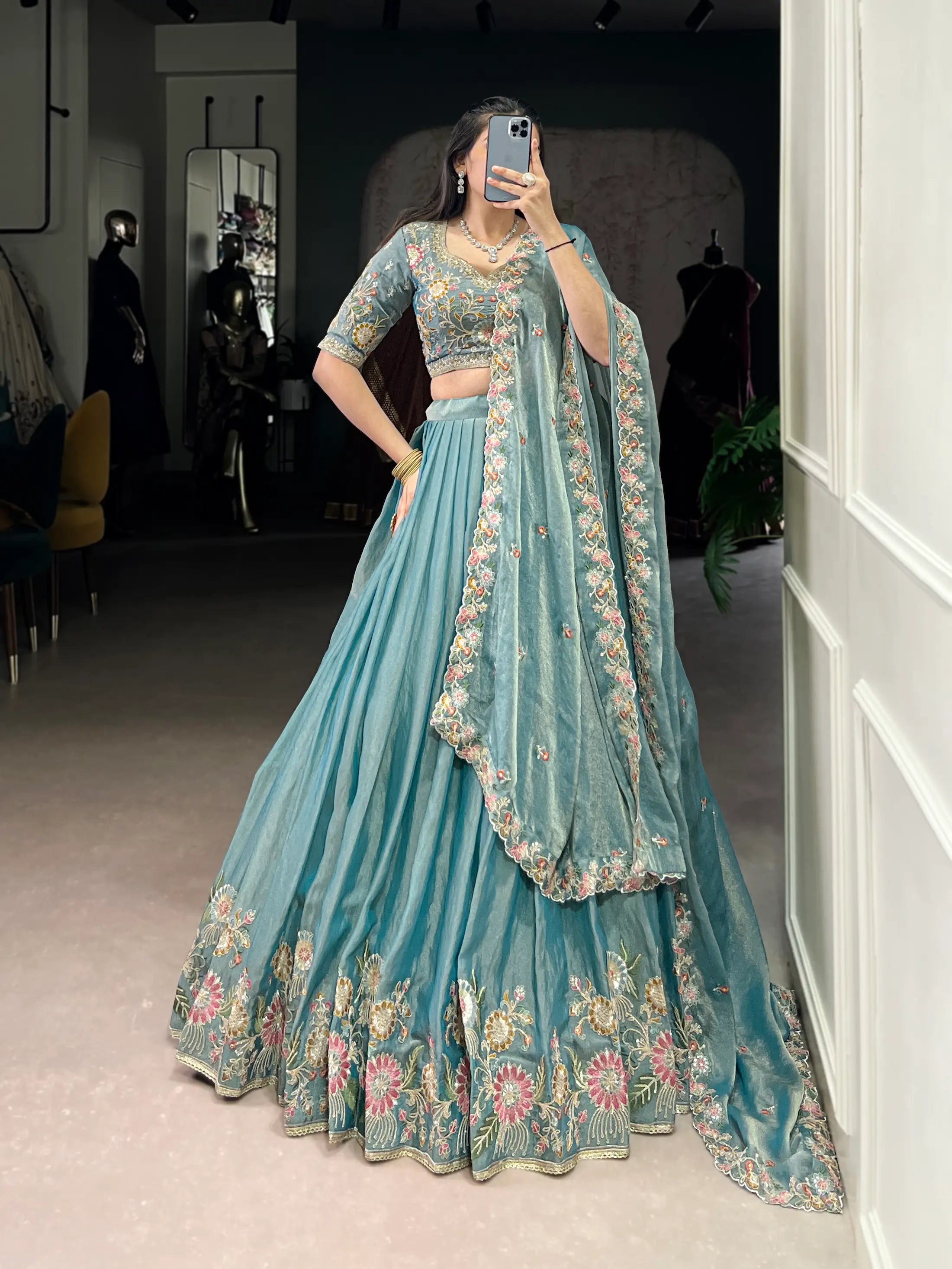 Sea Blue Zari Shimmer Embroidery Work Lehenga Choli - qivii