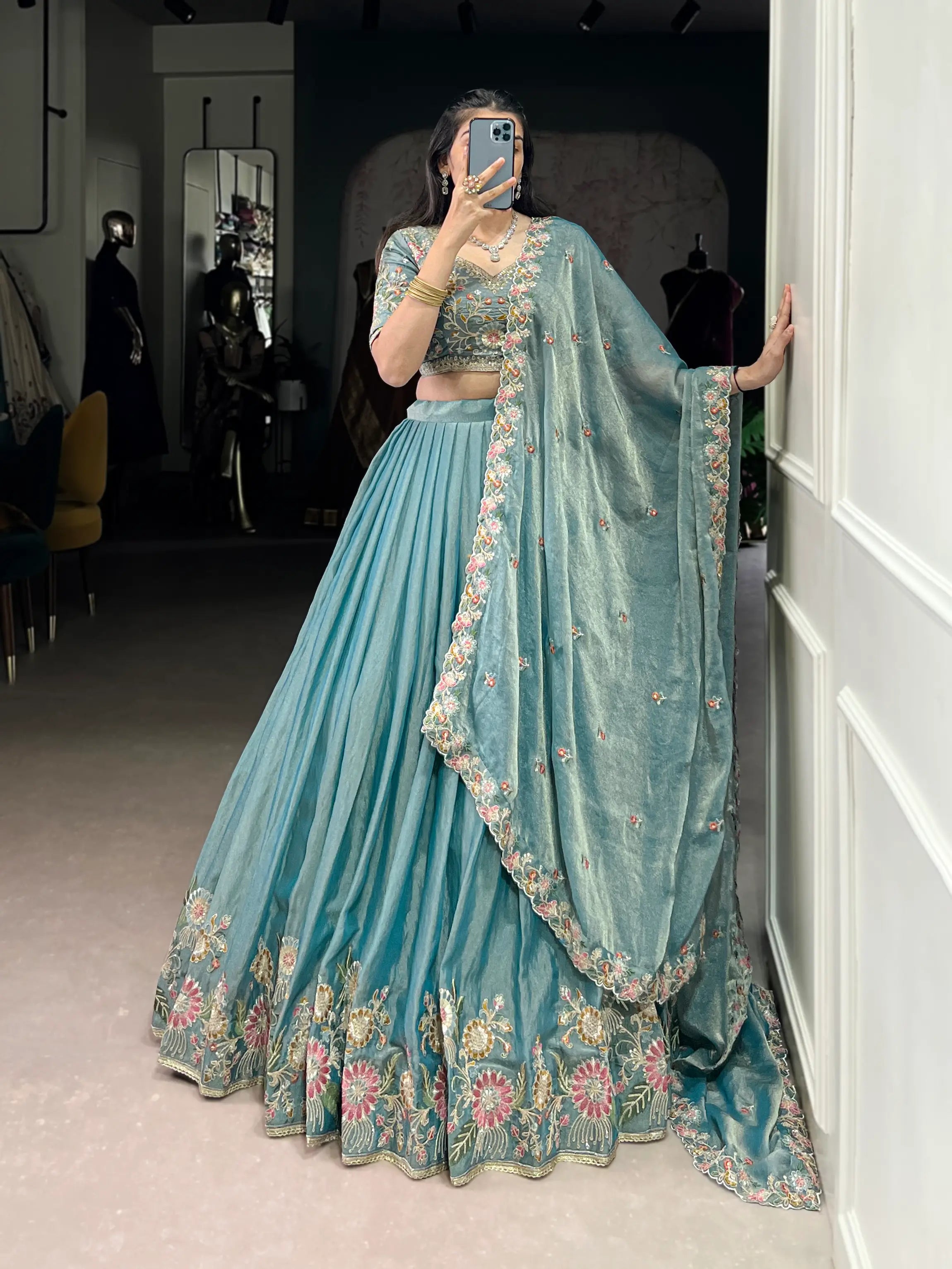 Sea Blue Zari Shimmer Embroidery Work Lehenga Choli - qivii