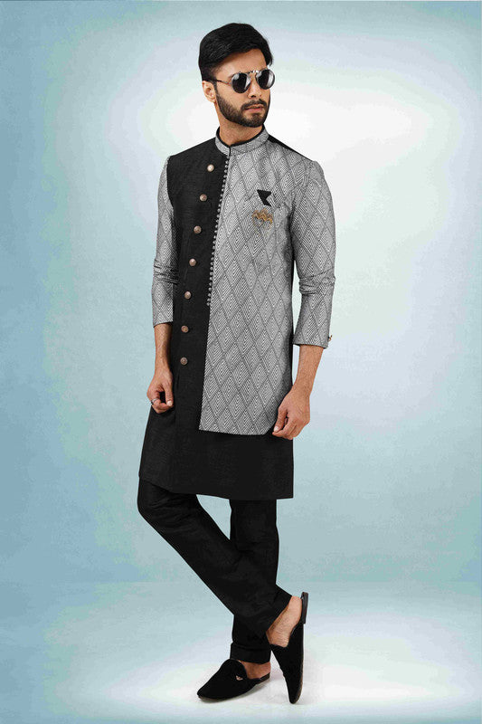 Men's Black Grey Art Silk Printed Work Indo Western Set