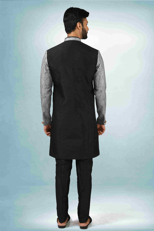 Men's Black Grey Art Silk Printed Work Indo Western Set