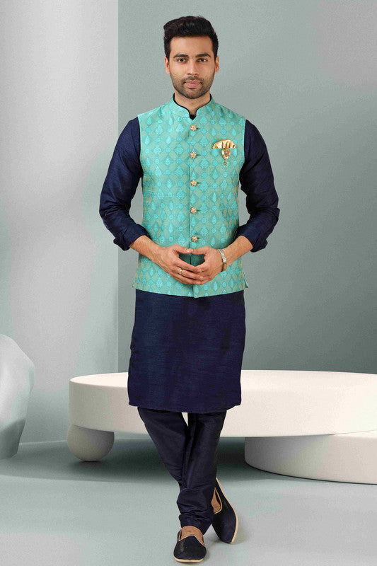 Men's Jacquard Banarasi Silk Woven Work 3 Pics Jacket Set In Sea Green Colour
