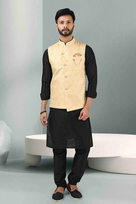 Men's Jacquard Banarasi Silk Woven Work 3 Pics Jacket Set In Cream Colour