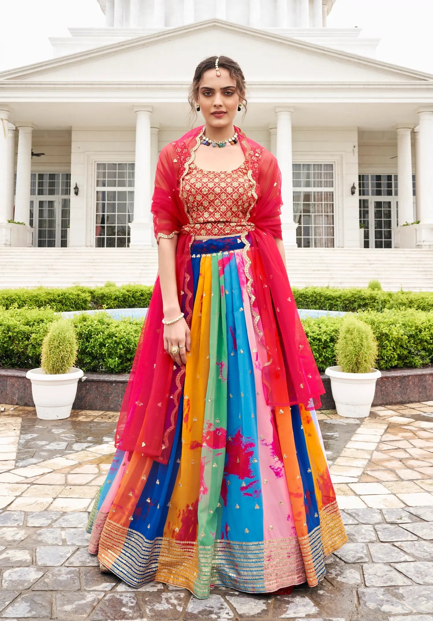 Red-Multicolor Georgette Lehenga Choli With Digital Print & Embroidery Work | Ready To Wear - qivii