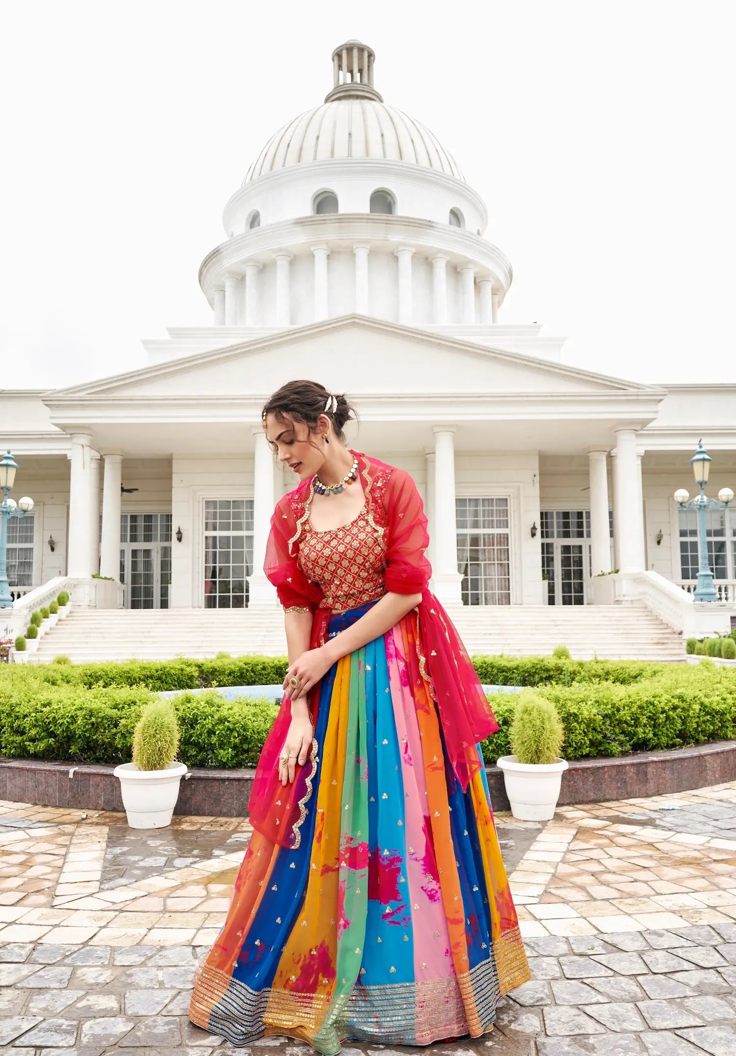 Red-Multicolor Georgette Lehenga Choli With Digital Print & Embroidery Work | Ready To Wear - qivii