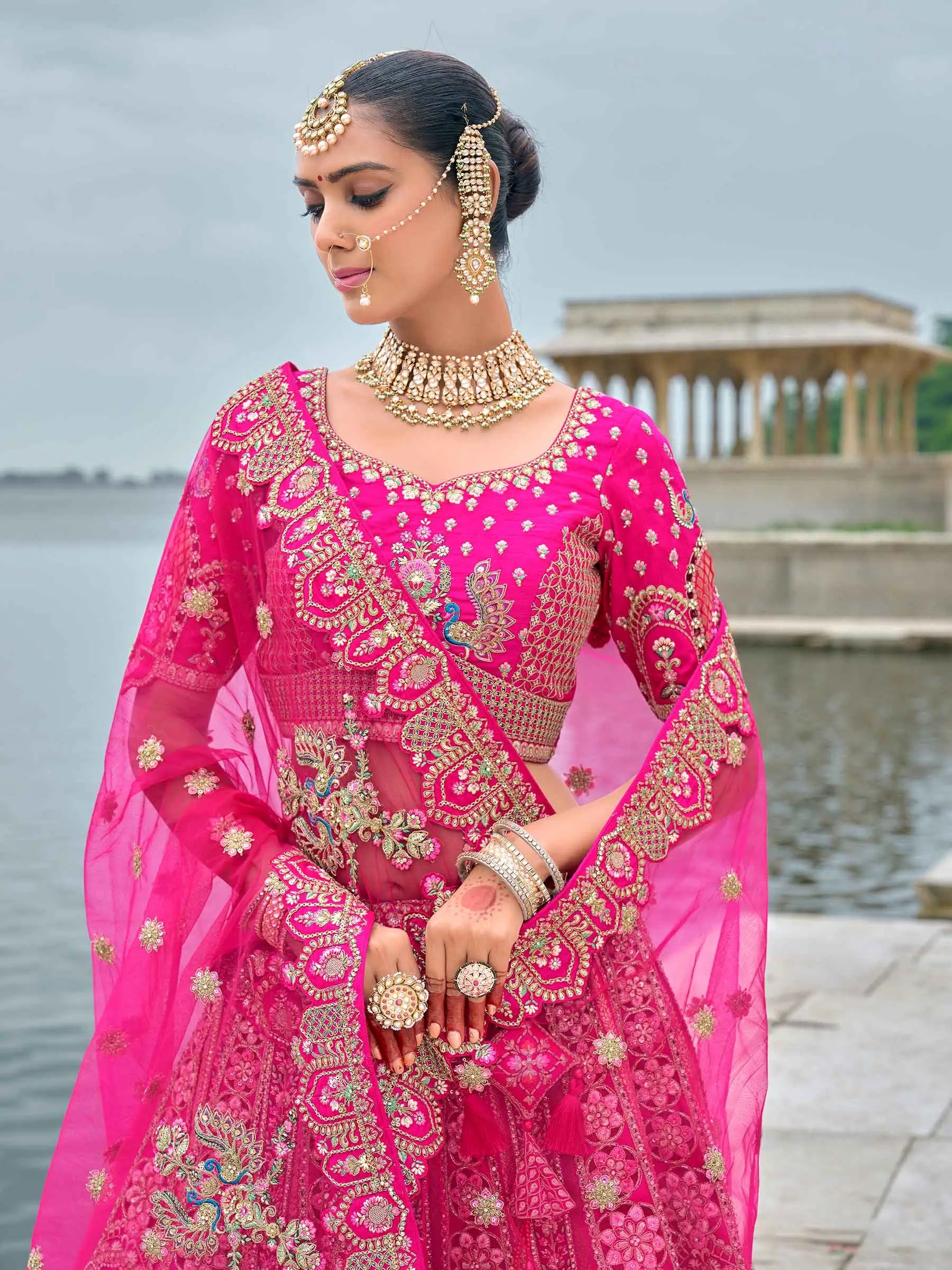 Pink Bridal Lehenga With Khatli, Heavy Embroidery & 2 Dupatta - qivii